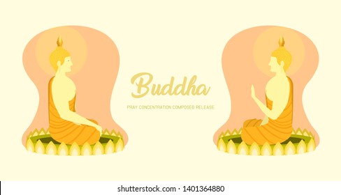 monk phra buddha left right side view sitting on lotus base for pray concentration composed release. pastel color background. vector illustration eps10