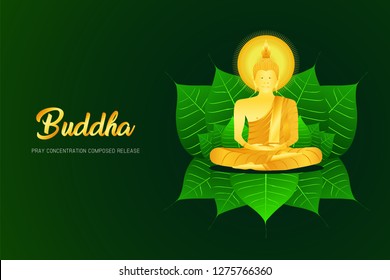 monk phra buddha pray sit concentration composed release on pho leaf religion culture faith vector illustration eps10
