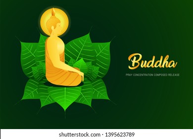 monk phra buddha side view sitting on pho leaf for pray concentration composed release religion culture faith vector illustration eps10