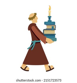 Monk with pile of books semi flat color vector character. Walking figure. Full body person on white. Historical personage. Simple cartoon style illustration for web graphic design and animation