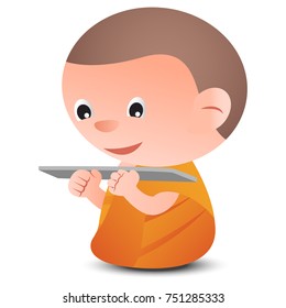 monk read book to learn Dharma,to be guru and wisdom,vector illustration cartoon style,isolated white background
