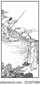 Monk in robes points towards a fisherman on a river, standing poised with a long rod on a small boat, surrounded by natural scenery in intricate line art style.