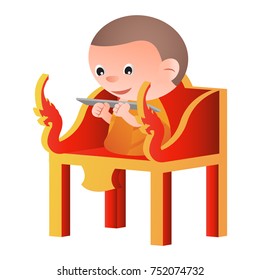 monk sit on a pulpit in the form of an elaborately carved seat,to teach Dharma,isolated big head cartoon version,vector illustration