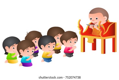 monk sit on a pulpit in the form of an elaborately carved seat,to teach Dharma to buddhist in buddhism day ,isolated big head cartoon version,vector illustration