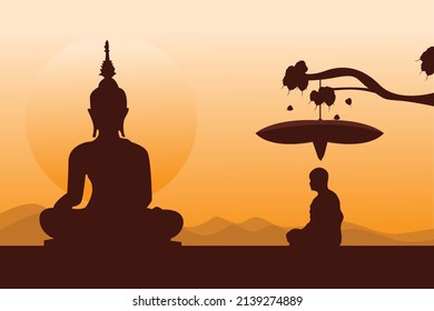 monk sitting meditation to calm the mind vector illustration