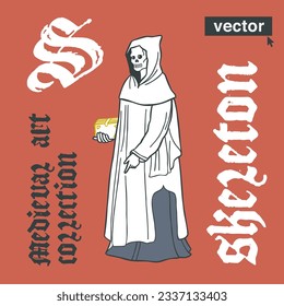 Monk skeleton medieval illustration. Engraving art with blackletter calligraphy. Vector for Halloween invitations, gothic emblem, pagan music logo, witchcraft potions packaging, black magic labels.