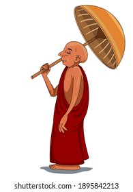 Monk Standing with Wooden Umbrella