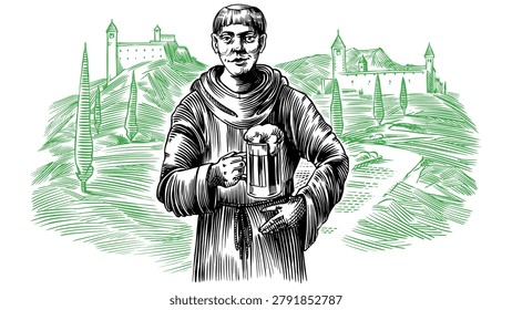 A monk stands with a cup of beer against the backdrop of a Benedictine monastery landscape. Hand drawn hatching engraving in traditional style with European German medieval vibe