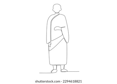 A monk stands folding one hand. Monk one-line drawing