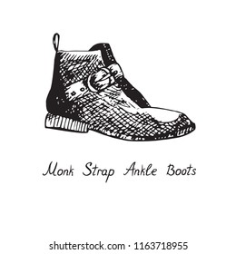 Monk Strap Ankle Boot, isolated hand drawn outline doodle, sketch, black and white vector illustration with inscription