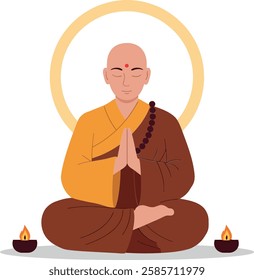 The monk transitions from a seated position to a meditative pose, surrounded by candles in the second frame.