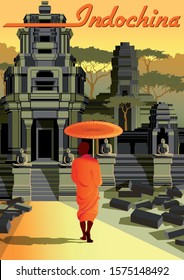 Monk with an umbrella on the road to a Buddhist temple in Indochina. Handmade drawing vector illustration. Retro style poster.