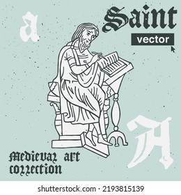 Monk vector engraving style illustration. Medieval art with blackletter calligraphy. Perfect for retro labels, vintage logos, music album covers, circus posters, potions packaging, etc.