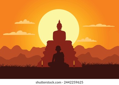 monk vector Sitting and meditating in front of the Buddha statue, Buddhism