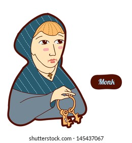 Monk. Vintage profession, cartoon style. Child illustration.