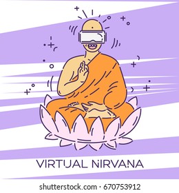 Monk in virtual reality glasses. VR headset advertising concept. Virtual nirvana. Dotted line vector illustration