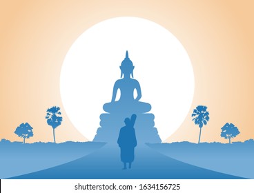 monk walk to find truth according to Lord of Buddha taught on sunrise time,vector illustration