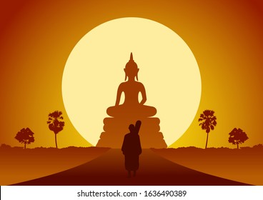 monk walk out of temple pilgrimage the road to make merit in rural and forest. for peace silent and dharma in sunset big sun behind image of Buddha stand pose scene silhouette ,vector illustration 