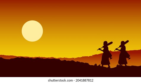 monk walk out of temple pilgrimage to make merit for peace silent and dharma in sunset scene silhouette style,vector illustration