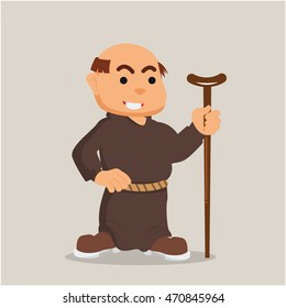 monk with walking stick illustration design