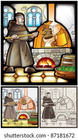 Monk work in brewery. Pictures are stylized by stained-glass window, illustration and engraving
