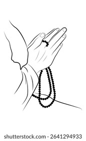 Monk worshipping with beads holding hands line drawing isolated on white background - vector illustration
