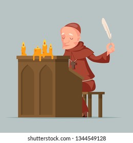 Monk Write Chronicles Historical Events Writer Scribe Medieval Stand Feather Pen Ink Scroll Copy Candles Chronicler Cartoon Design Vector Illustration