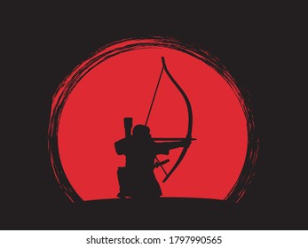 Monk-archer with bow. Figure on sunset background.