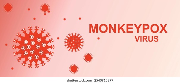 Monke Illustration of monkeypox virus particles in red with bold Monkeypox Virus text on a soft gradient background.