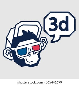 monkey 3d pixel art vector illustration with red and blue tridimensional glasses 