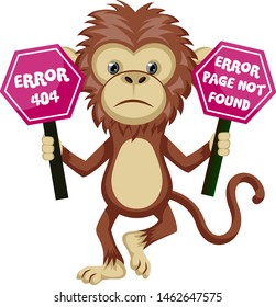 Monkey with 404 error sign, illustration, vector on white background.