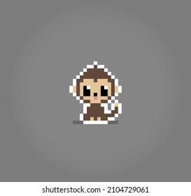 Monkey in 8 bit pixel art. Animal for game asset and cross stitch pattern in vector illustration.