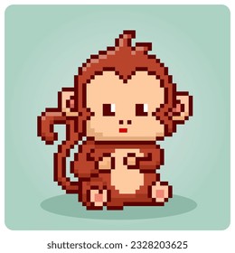 Monkey in 8 bit pixel art. Animal for game asset and cross stitch pattern in vector illustration.