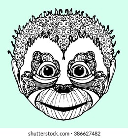 A monkey. Aborigine. Tribe. Black and white drawing by hand. Graphic arts. Line art. Decorative. Stylized man. Portrait. Head. inhabitants of the jungle.