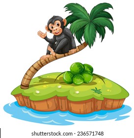 A monkey above the coconut tree in an island on a white background