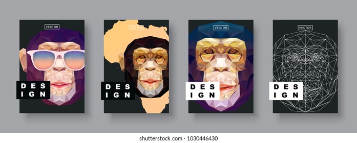 Monkey abstract covers set. Futuristic african animal design. Card monkey template. Future Poster template. Concept geometric mammal animal. Polygonal halftone. Monkey face silhouette illustration.