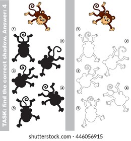 The monkey acrobat with different shadows to find the correct one. Compare and connect object with it true shadow. Easy educational kid gaming. Simple level of difficulty. Visual game for children.