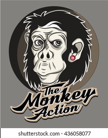 Monkey action print for t-shirt. Vector illustration. 
