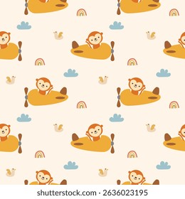 Monkey in airplane yellow cartoon so cute. On cloud bird rainbow background. Pattern seamless vector illustration. 
