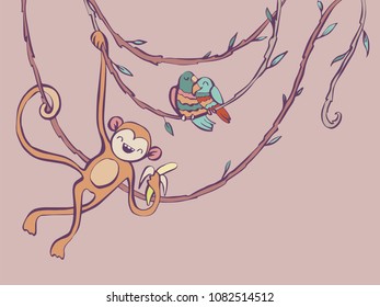 Monkey and amorous parrots on creepers vector illustration in cartoon style