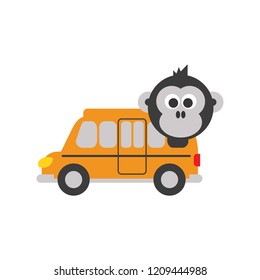 Monkey Animal In A Car Transportation, Vector Illustration