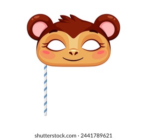 Monkey animal carnival party mask. Festival or birthday costume. Isolated vector photo booth prop, festive masquerade disguise of ape head. Mask for kids entertainment and party celebration