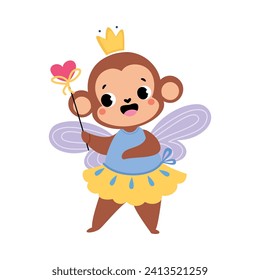 Monkey Animal Fairy in Pretty Dress with Magic Wand and Wings Vector Illustration