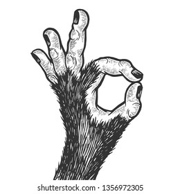 Monkey animal hand with ok gesture sketch engraving vector illustration. Good sign. Scratch board style imitation. Hand drawn image.