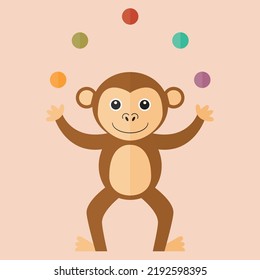 monkey animal juggling with colourful balls vector on pink background wildlife beast flat design