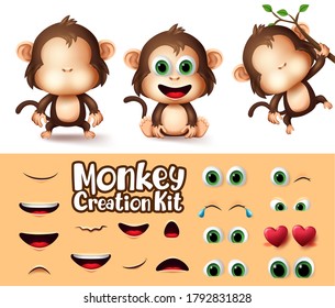 Monkey animals character creation vector set. Monkeys animal characters eyes and mouth editable create kit with different emotion and expression for wildlife cartoon design. Vector illustration