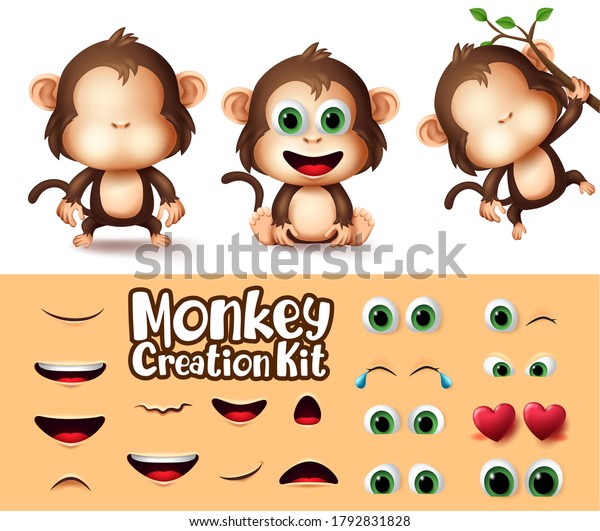 Monkey animals character creation vector\
set. Monkeys animal characters eyes and mouth editable create kit\
with different emotion and expression for wildlife cartoon design.\
Vector illustration