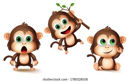 Monkey animals character vector set. Monkeys cute animal kids characters in different pose and gestures like surprise, thinking and hanging for jungle pet collection design elements. 