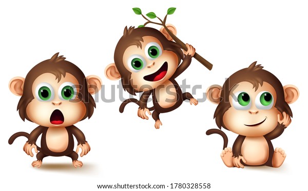 猿の動物のキャラクタベクター画像セット 猿は動物の子どもたちを可愛い姿勢で 驚き 考え ジャングルのペットコレクションデザインエレメントを求めて絞首刑になるなど 様々な仕草をしています のベクター画像素材 ロイヤリティフリー