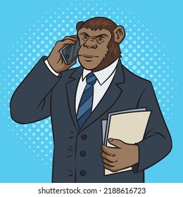 monkey ape businessman talking on the phone pop art retro vector illustration. Comic book style imitation.